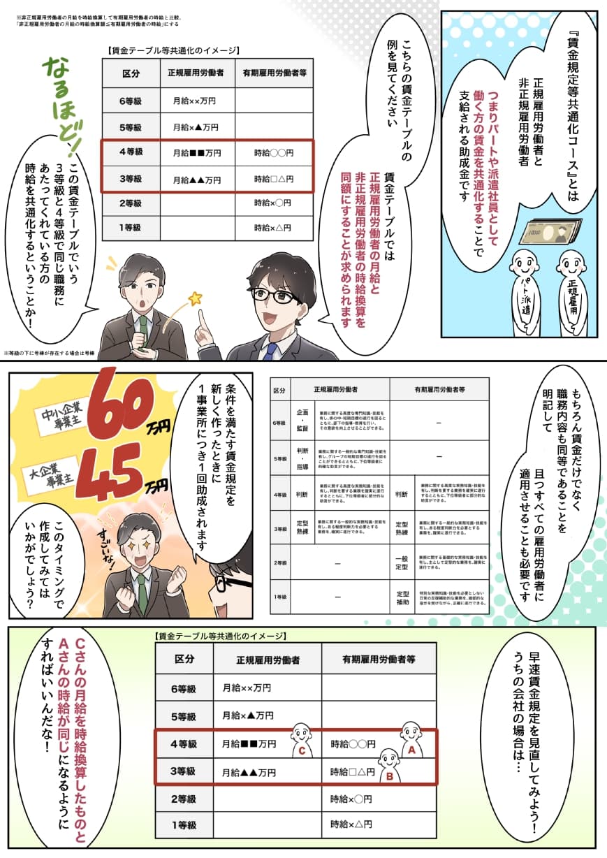 コンシェルジュ「『賃金規定等共通化コース』とは、正規雇用労働者と、非正規雇用労働者…つまりパートや派遣社員として働く方の賃金を共通化することで支給される助成金です。こちらの賃金テーブルの例を見てください」 コンシェルジュ「賃金テーブルでは、正規雇用労働者の月給と非正規雇用労働者の時給換算を同額にすることが求められます」 社長「なるほど、この賃金テーブルでいう3等級と4等級で同じ職務にあたってくれている方の時給を共通化するということか！」 コンシェルジュ「もちろん、賃金だけでなく職務内容も同等であることを明記して、且つすべての雇用労働者に適用させることも必要です」 コンシェルジュ「条件を満たす賃金規定を新しく作ったときに1事業所につき1回助成されます。このタイミングで作成してみてはいかがでしょう？」 社長「早速賃金規定を見直してみよう！うちの会社の場合は…」 社長「Cさんの月給を時給換算したものと、Aさんの時給が同じになるようにすればいいんだな！」