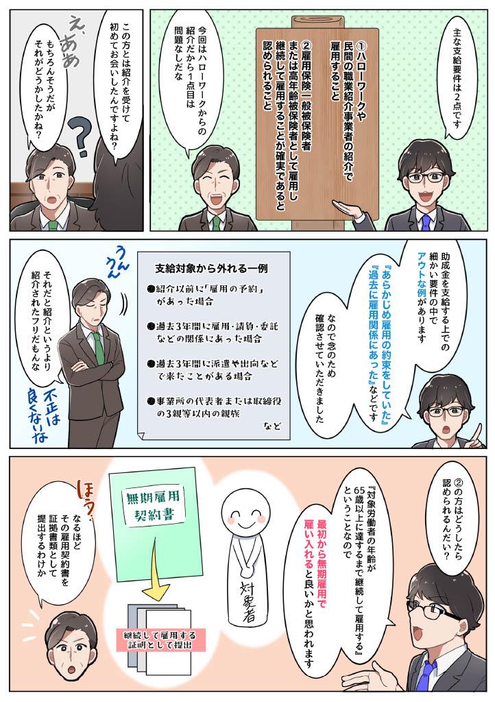 コンシェルジュ「主な支給要件は2点です。」 社長「今回はハローワークからの紹介だから、1点目は問題なしだな」 コンシェルジュ「今回紹介を受けて、初めてお会いしてみたんですよね？」 社長「もちろんそうだが、それがどうかしたかね？」 コンシェルジュ「助成金を支給する上での細かい要件の中で、アウトな例として『あらかじめ雇用の約束をしている』とか『過去に雇用関係にあった』というのがあるもので、念のため確認させていただきました」 社長「それだと紹介というより紹介されたフリだもんな」 社長「②の方はどうしたら認められるんだい？」 コンシェルジュ「『対象労働者の年齢が65歳以上に達するまで継続して雇用する』ということなので、最初から無期雇用で雇い入れると良いかと思われます」 社長「なるほど その雇用契約書を証拠書類として提出するわけか」